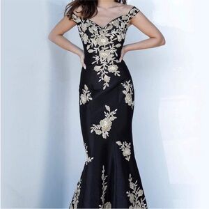 Jovani Black and Gold Embroidered Wedding Dress